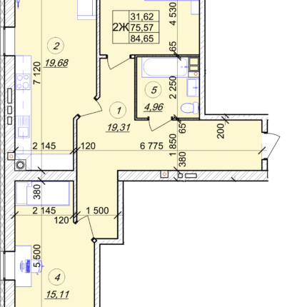 2 кімнатна квартира 84.65 м² на 3 поверсі