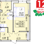 1 кімнатна квартира 39.23 м² на 3 поверсі (розташування 2)