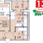 1 кімнатна квартира 39.23 м² на 3 поверсі (розташування 3)