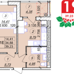 1 кімнатна квартира 39.23 м² на 4 поверсі (розташування 1)