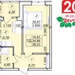 1 кімнатна квартира 39.23 м² на 4 поверсі (розташування 2)