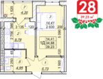 1 кімнатна квартира 39.23 м² на 5 поверсі (розташування 2)