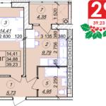 1 кімнатна квартира 39.23 м² на 5 поверсі (розташування 3)