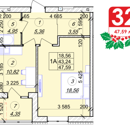 1 кімнатна квартира 47.59 м² на 5 поверсі