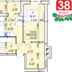 1 кімнатна квартира 44.35 м² на 6 поверсі