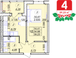 1 кімнатна квартира 39.23 м² на 2 поверсі (розташування 2)