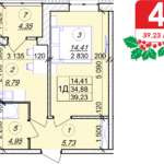 1 кімнатна квартира 39.23 м² на 2 поверсі (розташування 2)