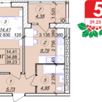 1 кімнатна квартира 39.23 м² на 2 поверсі (розташування 3)