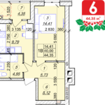 1 кімнатна квартира 44.35 м² на 2 поверсі