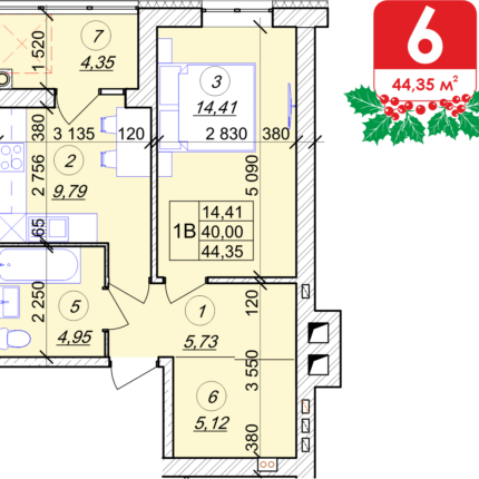 1 кімнатна квартира 44.35 м² на 2 поверсі
