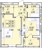 1 кімнатна квартира 47,59 м² на 5 поверсі