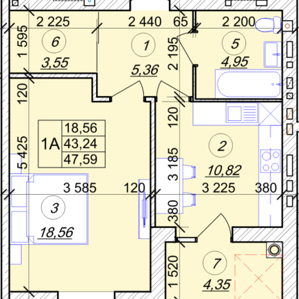 1 кімнатна квартира 47,59 м² на 2 поверсі