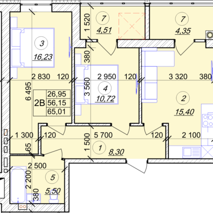 2 кімнатна квартира 65,01 м² на 2 поверсі