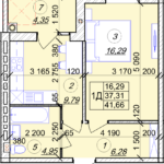 1 кімнатна квартира 41,66 м² на 3 поверсі