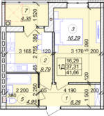 1 кімнатна квартира 41,66 м² на 2 поверсі