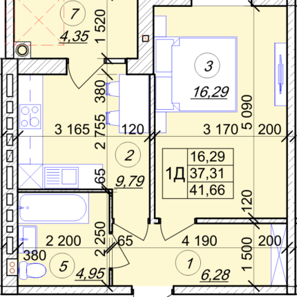 1 кімнатна квартира 41,66 м² на 4 поверсі
