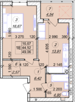 1 кімнатна квартира 49,06 м² на 3 поверсі