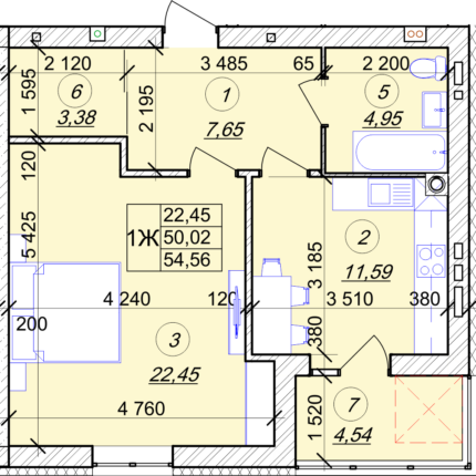 1 кімнатна квартира 54,56 м² на 4 поверсі