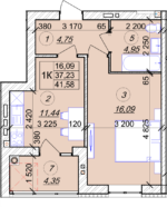 1 кімнатна квартира 41,58 м² на 2 поверсі